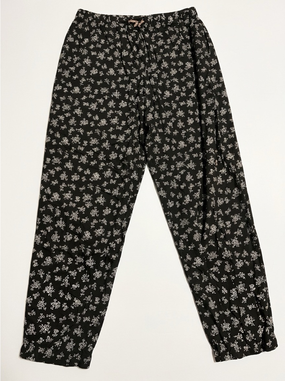 Vintage Black Floral Elastic-Waist Pants
